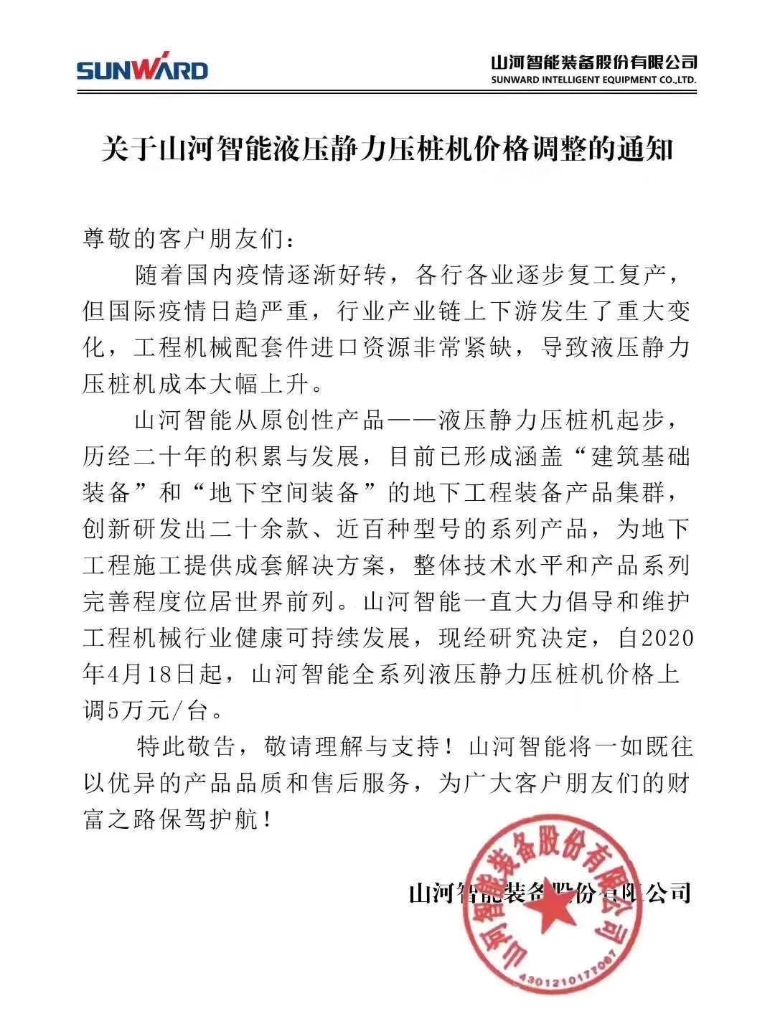 关于GA黄金甲智能液压静力压桩机价值调整的通知